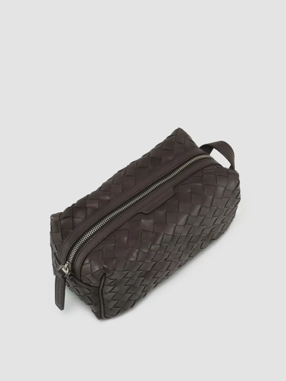 Officine Creative Woven Leather Selection | Bags>ARMOR 014 - Brown Woven Leather Pouch COFFEE