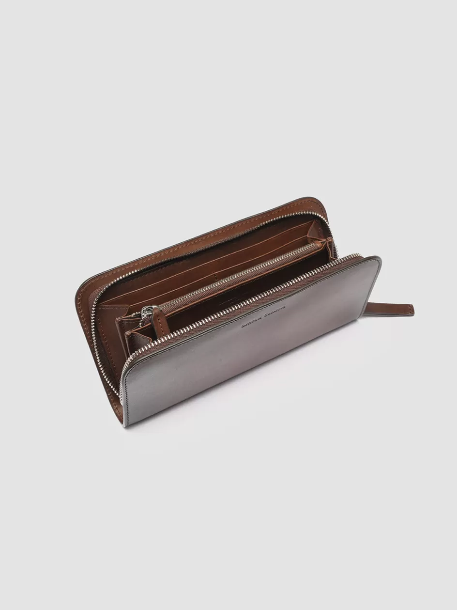 Officine Creative Wallets>BERGE’ 01 - Brown Zip Around Leather Wallet TESTA DI MORO