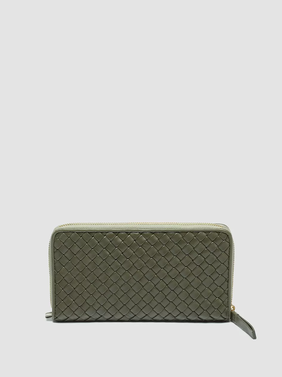 Officine Creative Woven Leather Selection | Wallets>JULIET 101 - Green Woven Leather Zip-around Wallet CONIFERA