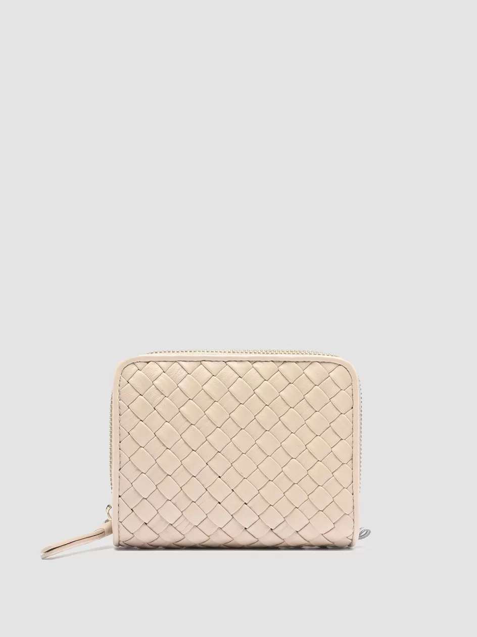 Officine Creative Woven Leather Selection | Wallets>JULIET 102 - Ivory Woven Leather Zip-Around Wallet OAT MILK