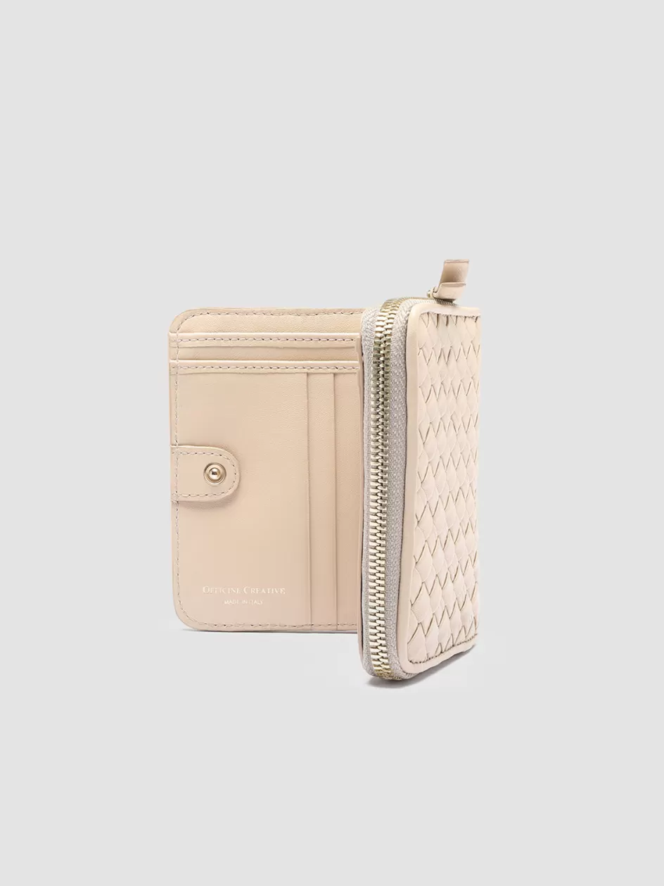 Officine Creative Woven Leather Selection | Wallets>JULIET 102 - Ivory Woven Leather Zip-Around Wallet OAT MILK