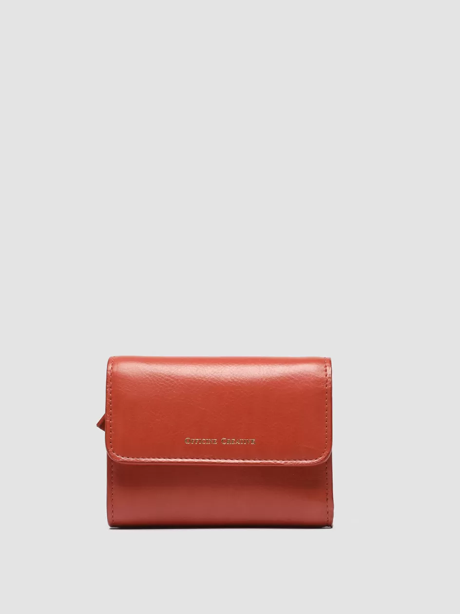 Officine Creative Wallets>POCHE 10 - Red Nappa Leather Trifold Wallet RUST ROSE