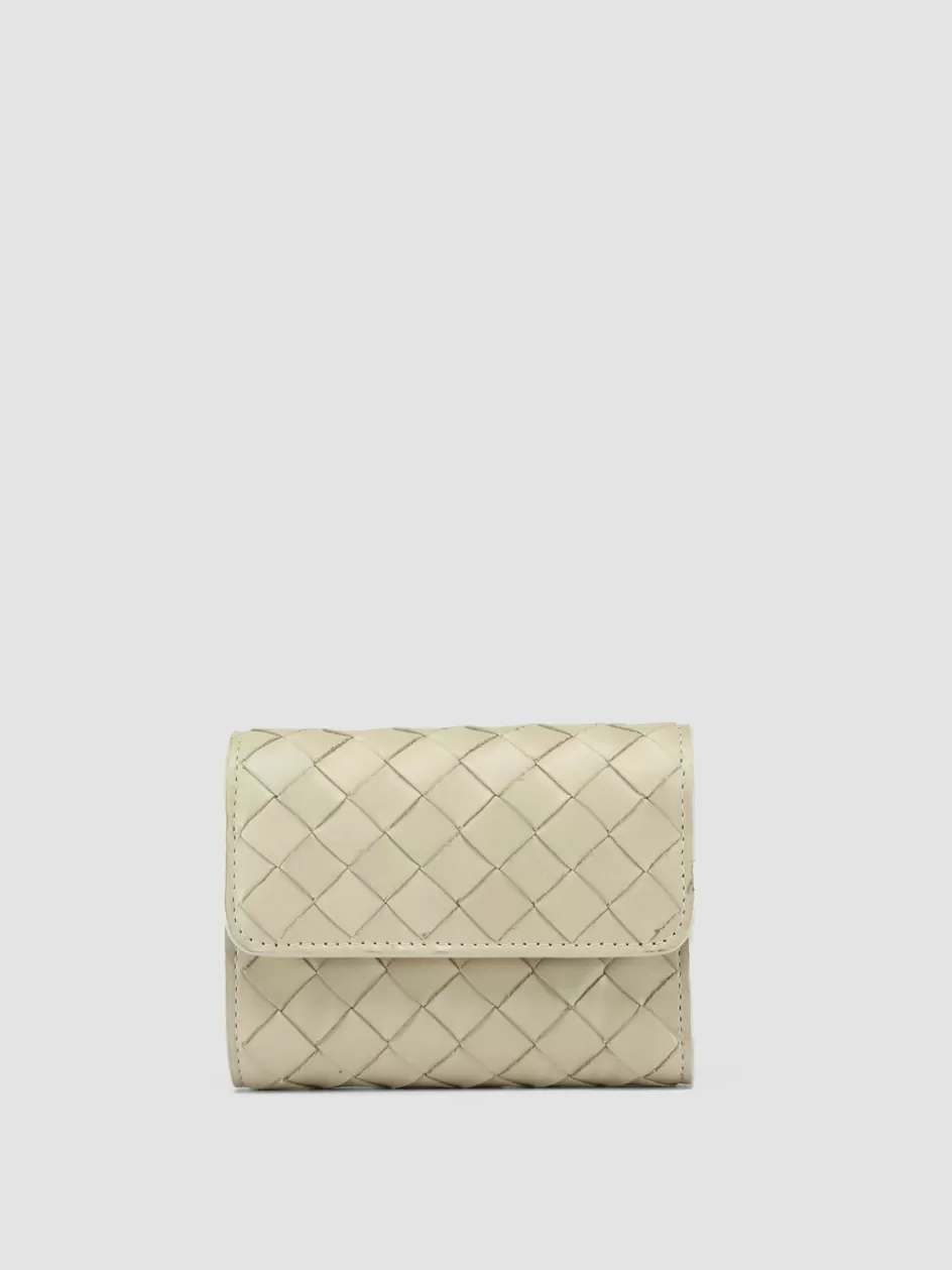 Officine Creative Woven Leather Selection | Wallets>POCHE 110 - Ivory Woven Leather Trifold Wallet OAT MILK