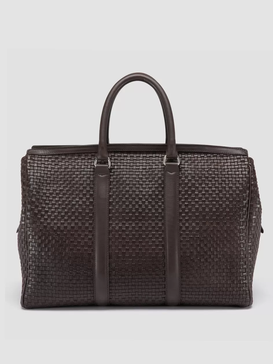 Officine Creative Icons | Bags>QUENTIN 109 - Brown Woven Leather Weekender DARK BROWN