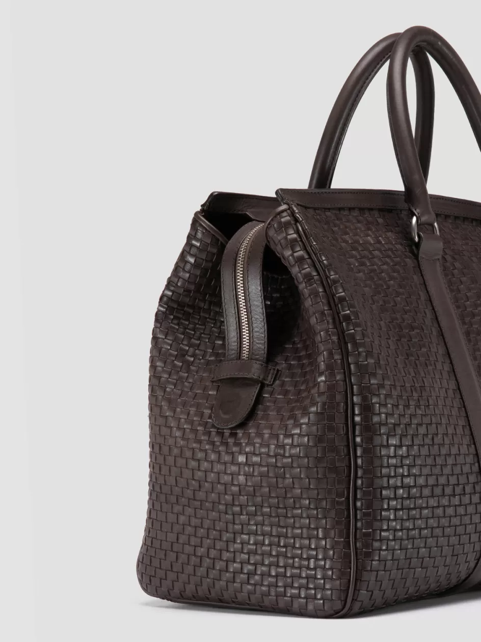 Officine Creative Icons | Bags>QUENTIN 109 - Brown Woven Leather Weekender DARK BROWN