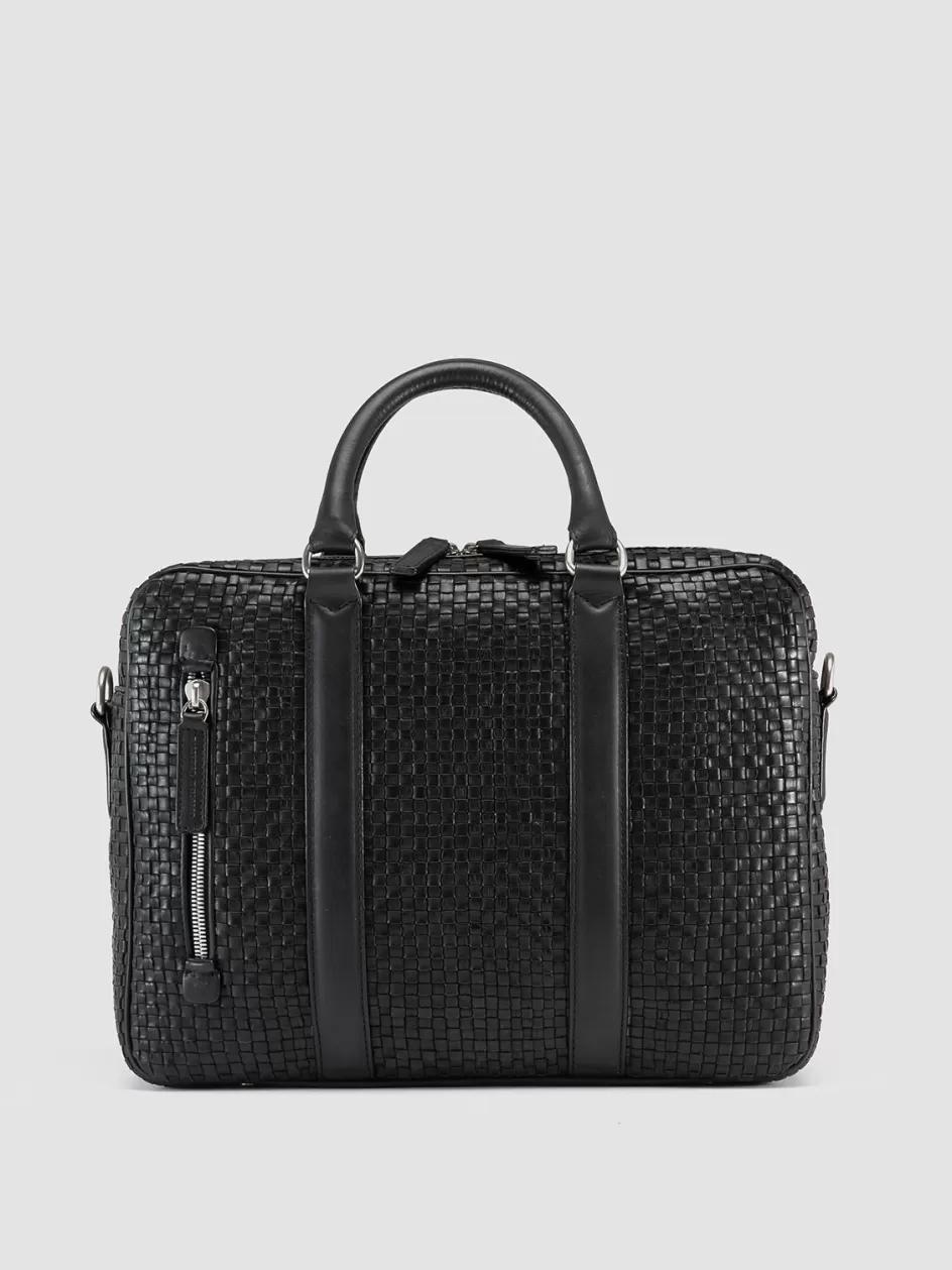 Officine Creative Woven Leather Selection | Icons>QUENTIN 110 - Woven Leather Briefcase BLACK