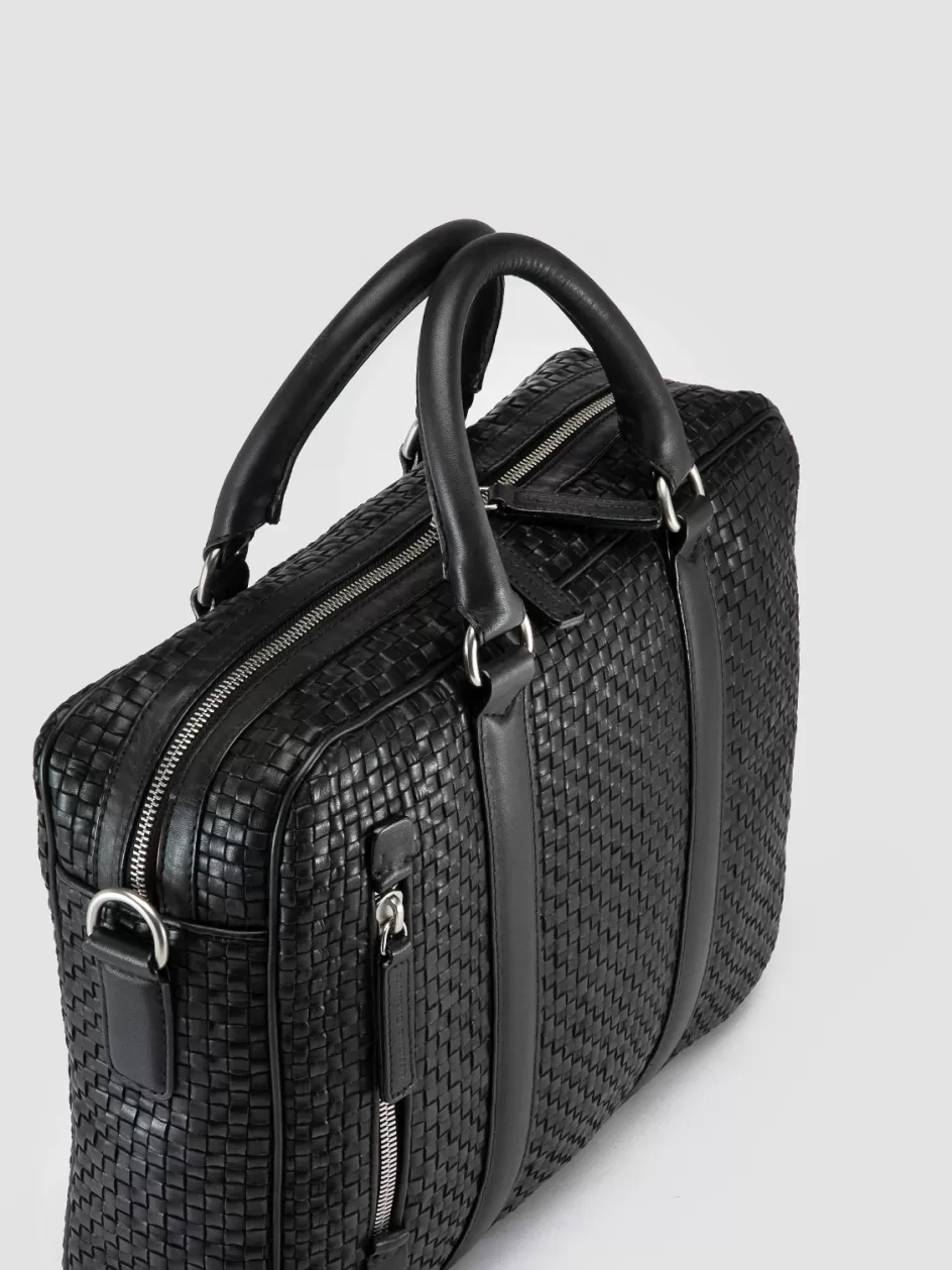 Officine Creative Woven Leather Selection | Icons>QUENTIN 110 - Woven Leather Briefcase BLACK